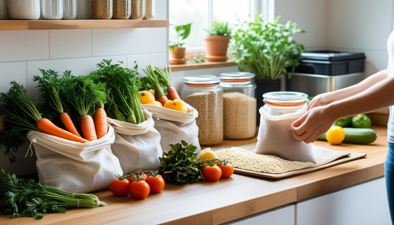 Hands placing fruits into a mesh produce bag on a kitchen countertop with reusable bags, glass jars of grains, and a compost bin nearby.