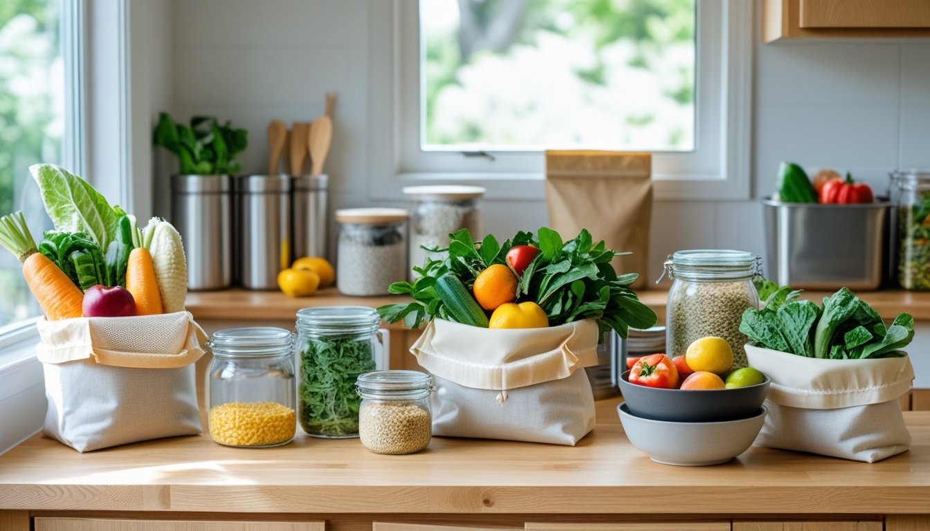 A kitchen countertop with fresh fruits and vegetables stored in reusable bags, glass jars, and beeswax wraps next to a compost bin.