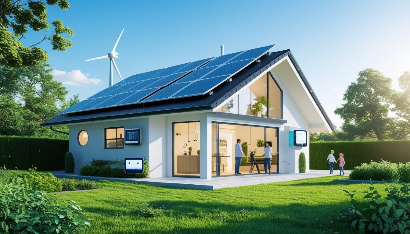 A modern eco-friendly home with solar panels and a wind turbine, surrounded by greenery and a family in the garden.
