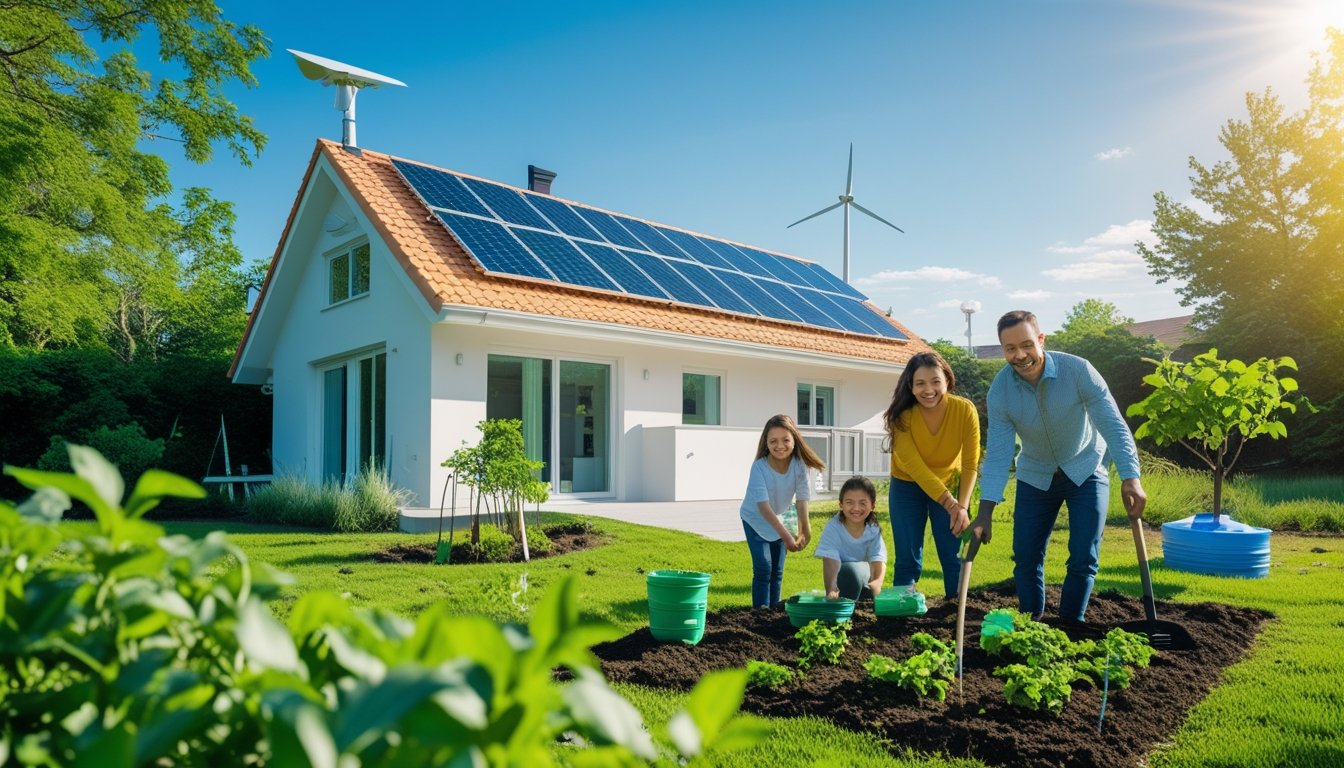 A modern eco-friendly house with solar panels and a wind turbine, surrounded by greenery, with a family gardening outside.