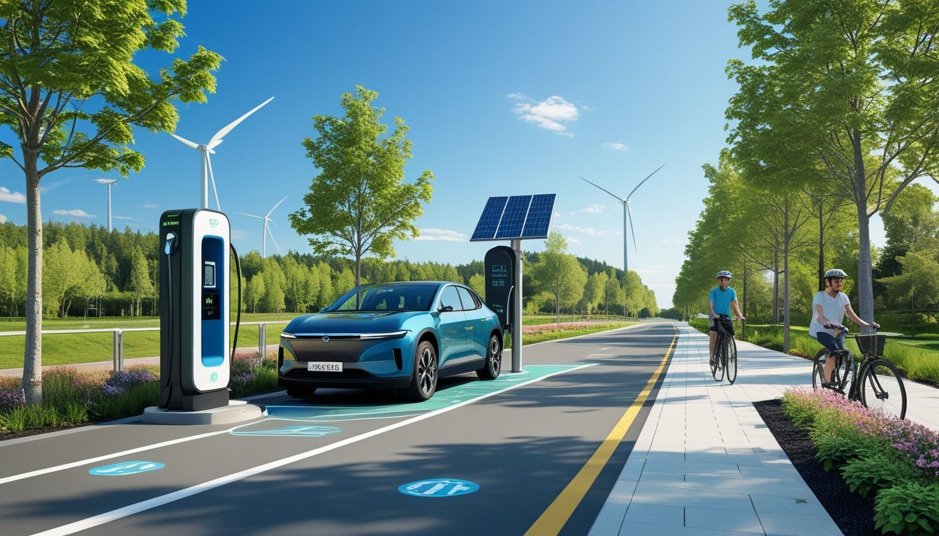 An electric car charging at a solar-powered station on a green road with a cyclist and pedestrian nearby, surrounded by trees and wind turbines in the distance.