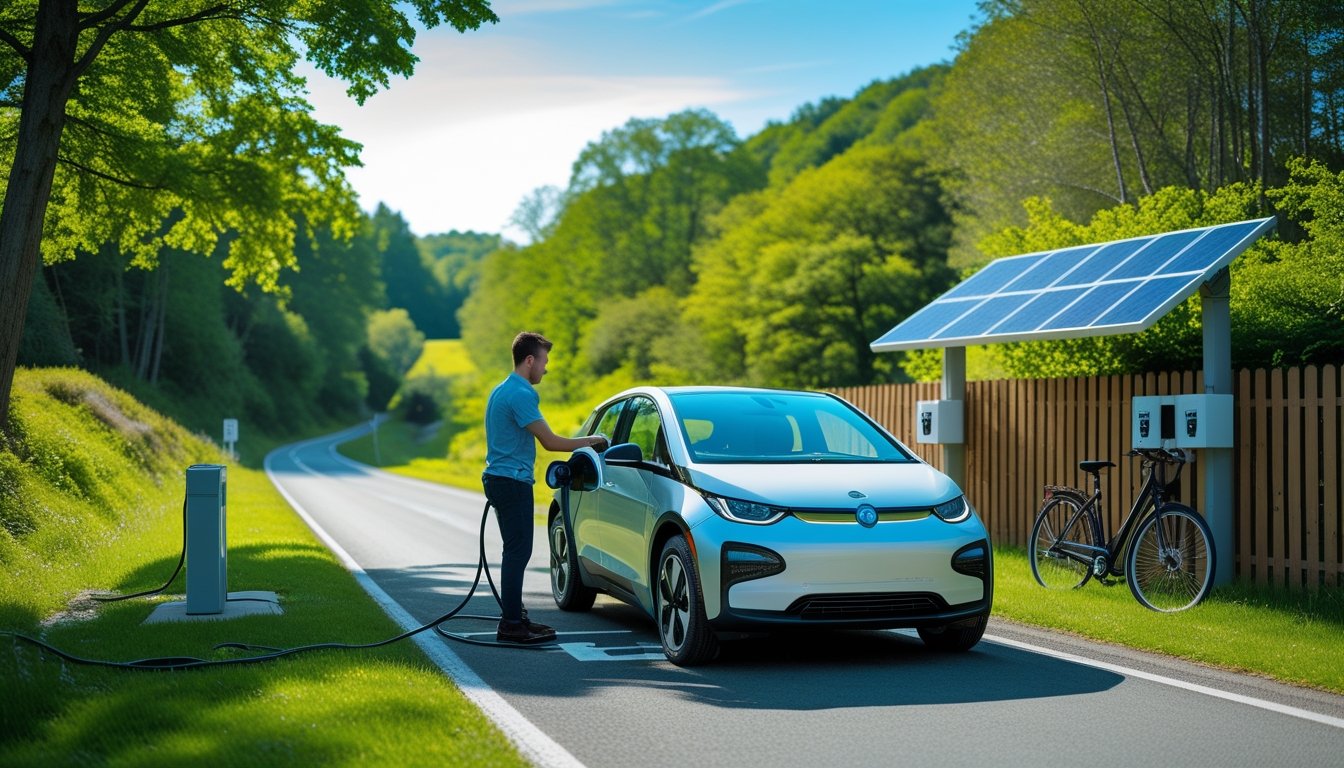 An electric car being charged on a road surrounded by green trees and a bicycle leaning against a fence nearby.