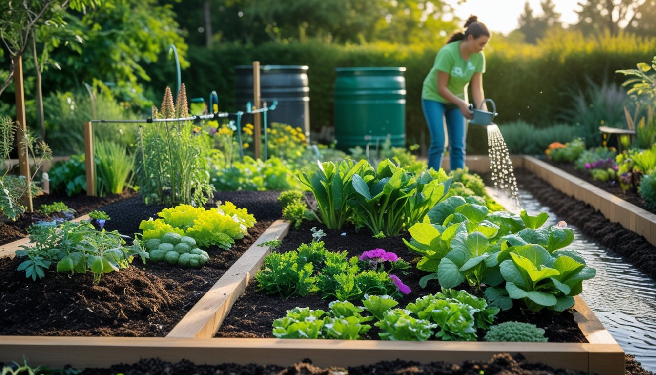 A garden with healthy plants, drip irrigation, rainwater barrels, and a gardener watering plants to conserve water.