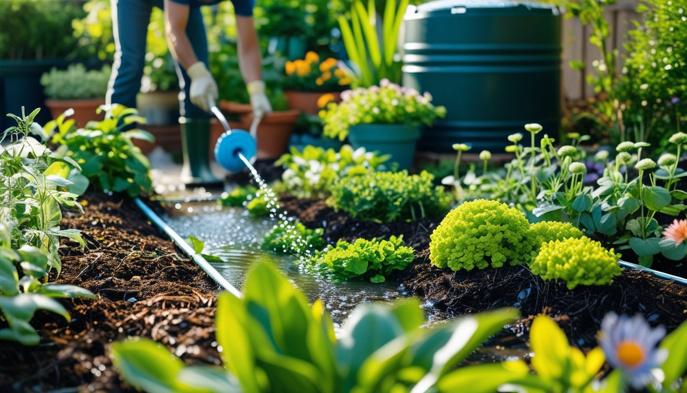 A gardener watering plants in a garden with a drip irrigation system, organic mulch on the soil, and a rainwater barrel in the background.