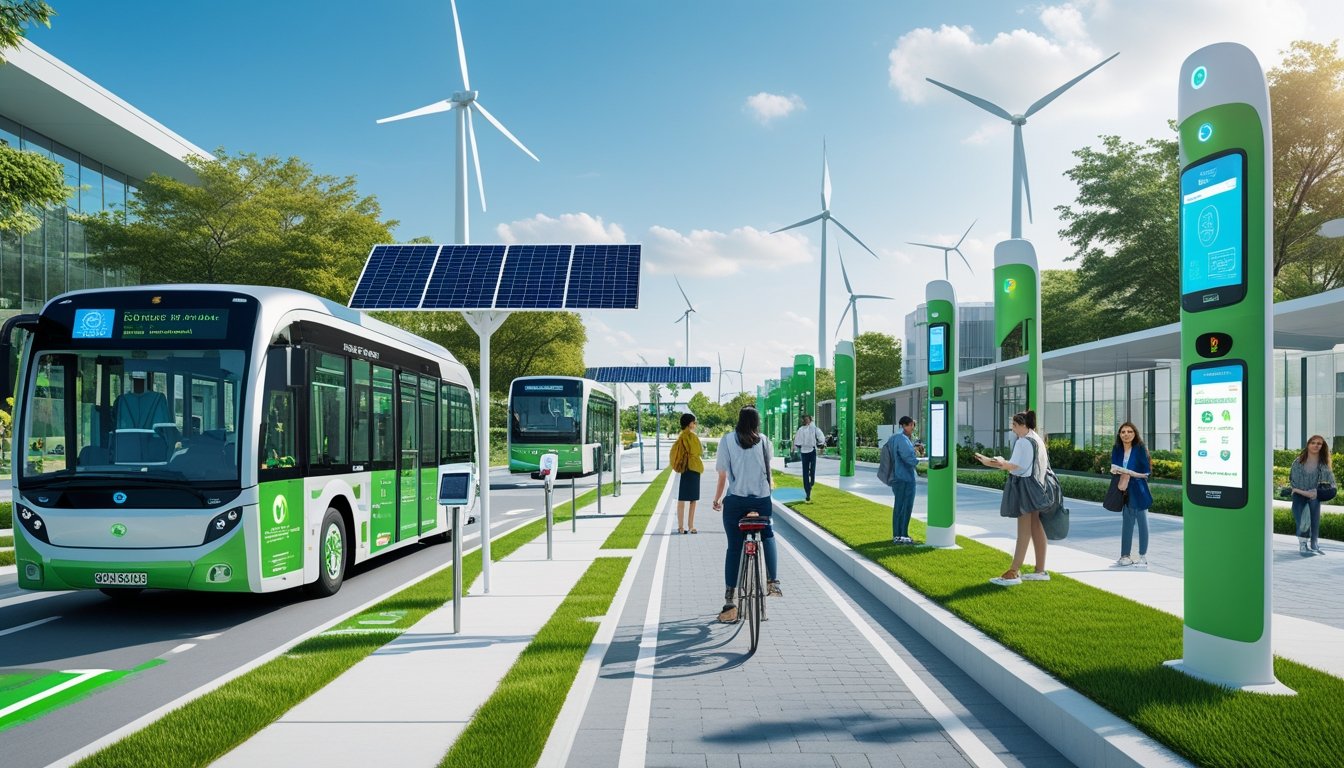 A modern city street with electric buses, bicycles on green lanes, solar-powered charging stations, wind turbines, and people using digital devices for transport.