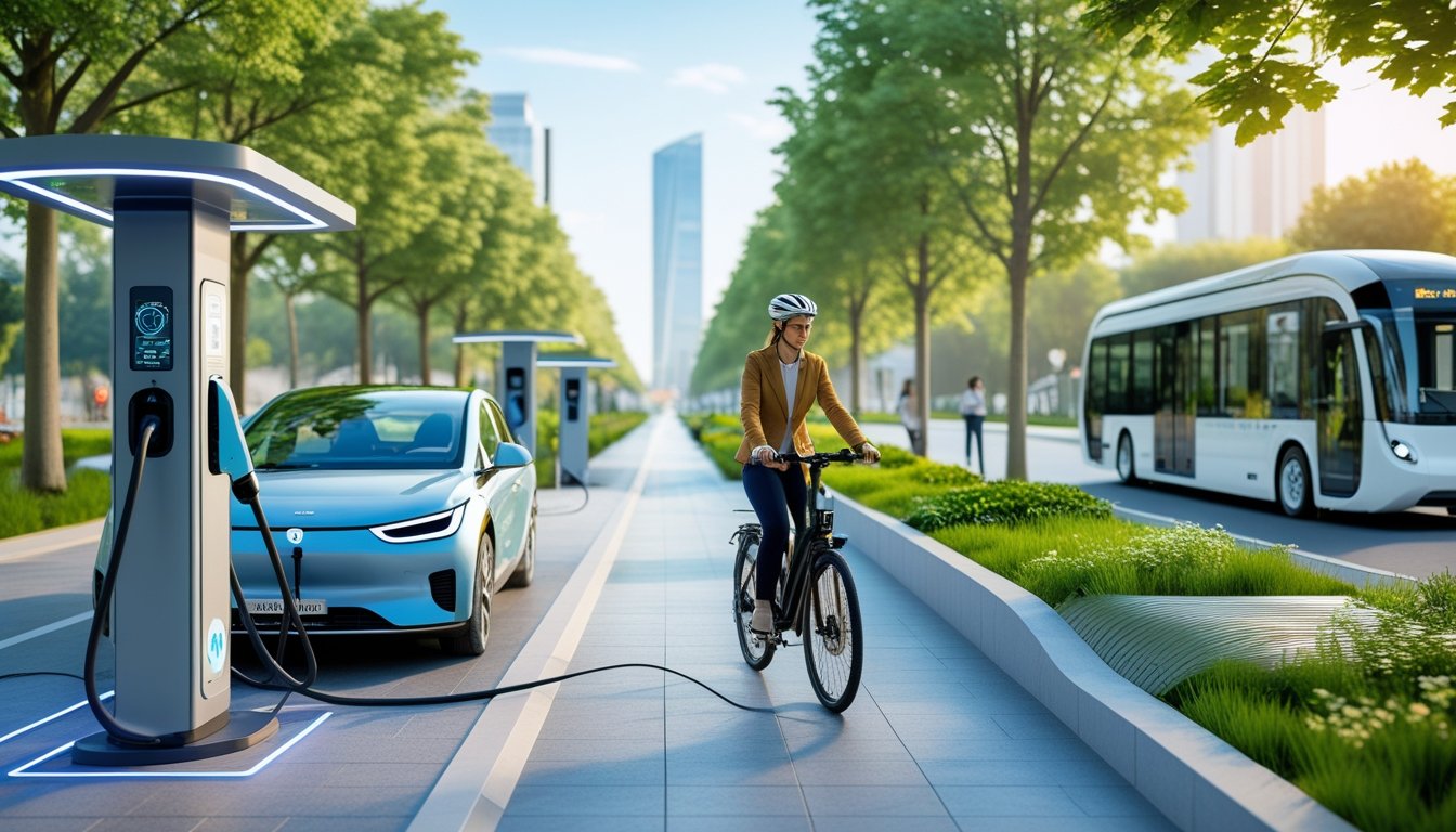 A city street showing an electric car charging, a person riding an electric bicycle, and an electric bus, surrounded by trees and pedestrians.