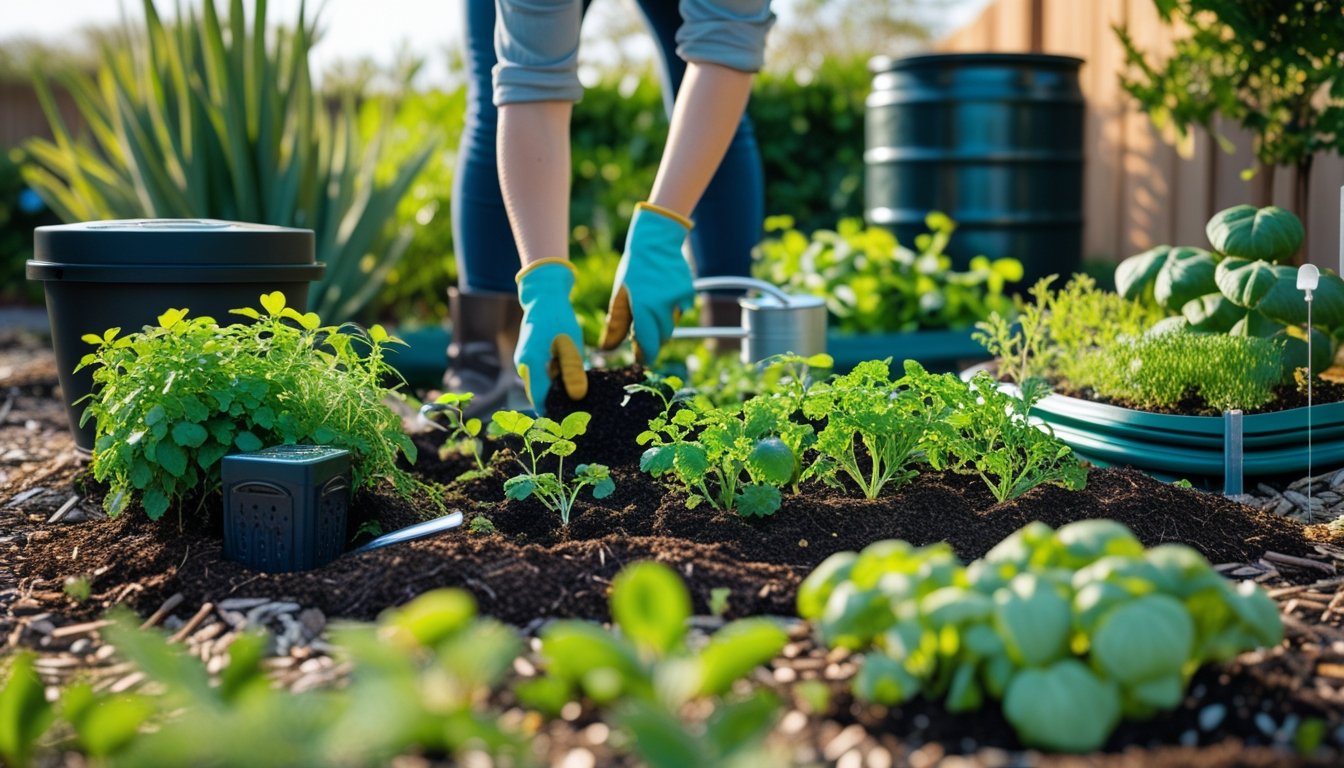 A person planting seedlings in a garden with native plants, compost bin, rainwater barrel, and a vegetable patch under natural sunlight.