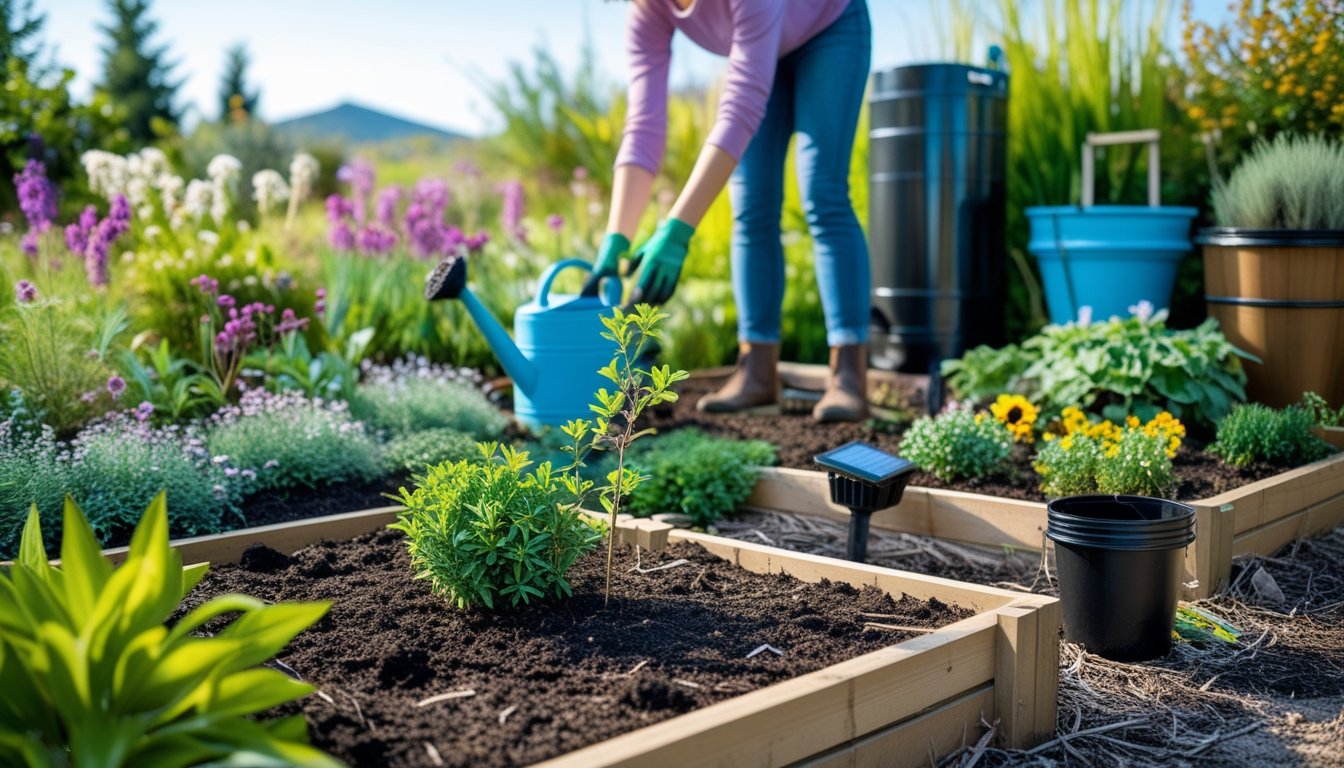 A person planting a young shrub in a garden with native plants, gardening tools, a compost bin, and a rain barrel under clear blue skies.