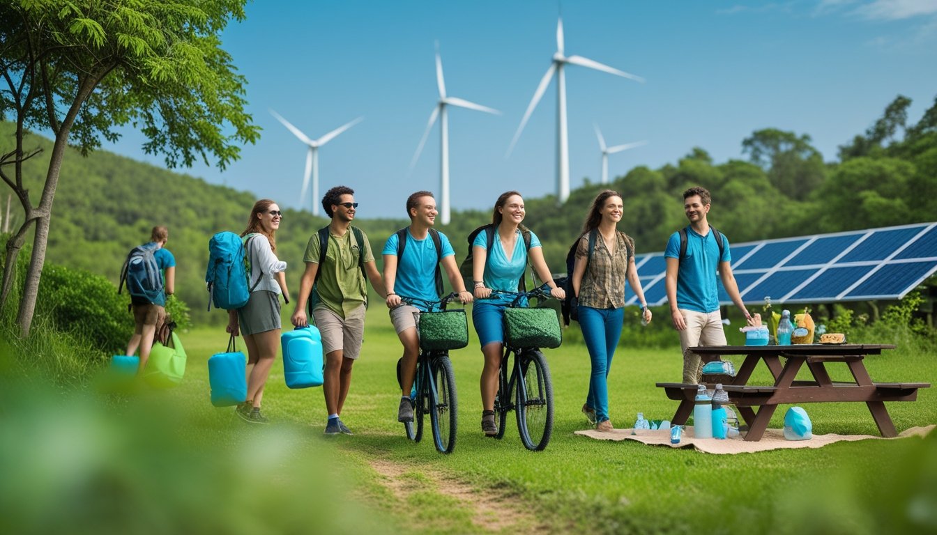 A group of travellers outdoors in a green natural setting using reusable water bottles and bicycles, surrounded by trees and clear skies.