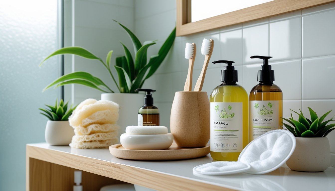 A bathroom shelf and countertop displaying eco-friendly bathroom products like bamboo toothbrushes, natural sponges, glass soap bottles, reusable cotton pads, and green plants.