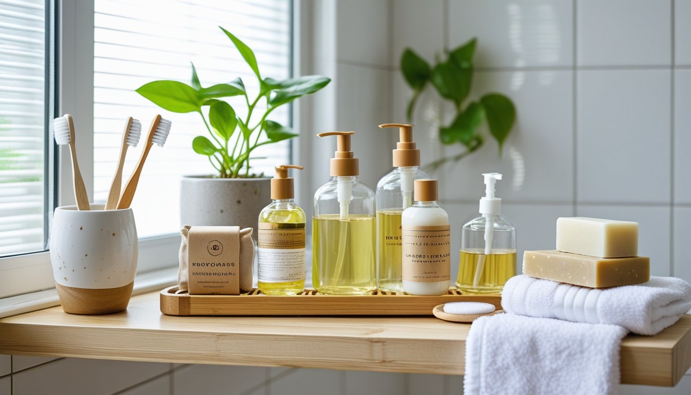 A bathroom shelf and countertop with eco-friendly bathroom products including bamboo toothbrushes, glass soap bottles, handmade soap bars, a potted plant, and a cotton towel.