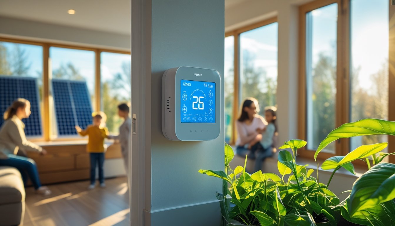 A modern home interior with a smart thermostat, green plants, and sunlight coming through insulated windows, showing a family using energy-efficient appliances.