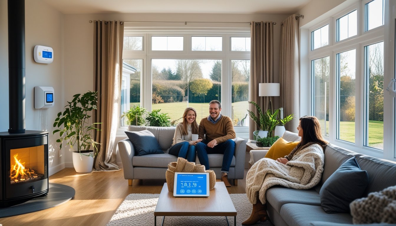 A family sitting in a bright living room with a wood-burning stove, smart thermostat, and indoor plants, demonstrating eco-friendly home heating solutions.