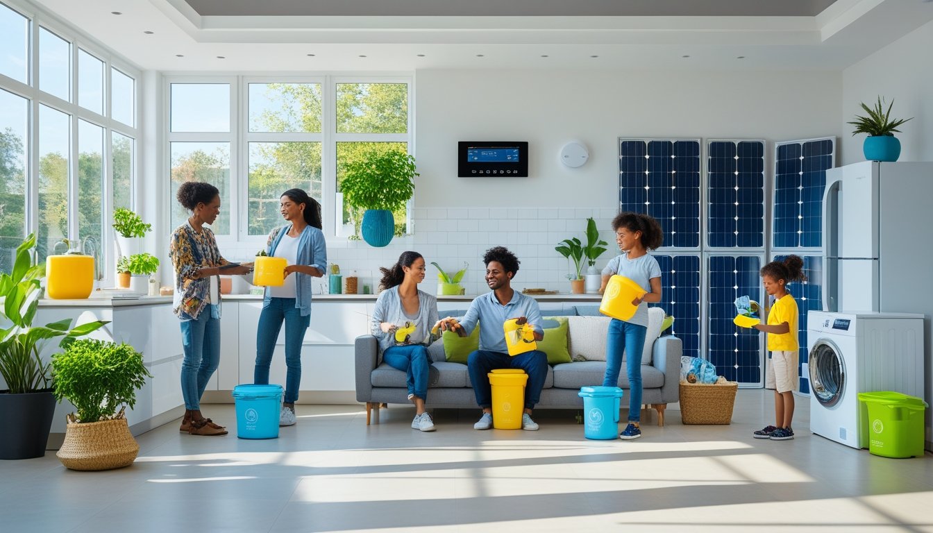 A modern home interior with a family using eco-friendly appliances and smart devices to reduce energy use, with plants and sunlight coming through large windows.