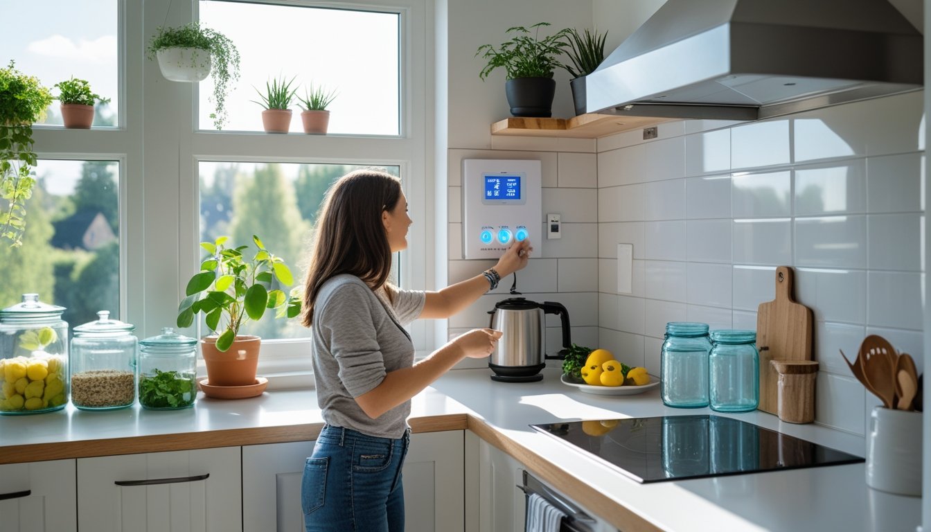 A bright kitchen with sunlight, a person adjusting a thermostat, energy-saving appliances, indoor plants, and a recycling bin.