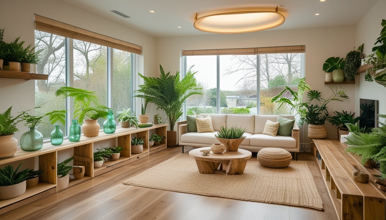 A bright living room with natural light, plants, wooden furniture, and eco-friendly decor items.