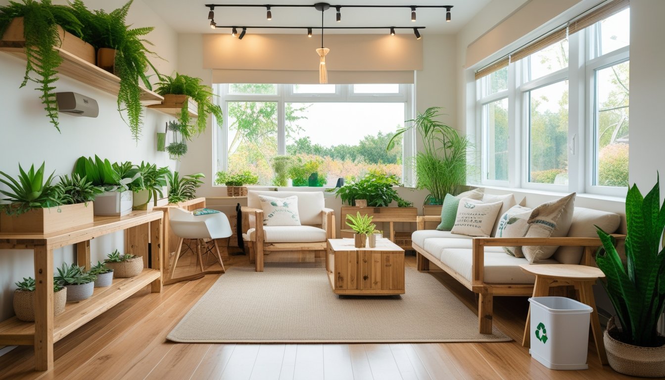 A bright living room with natural wood furniture, indoor plants, and large windows letting in sunlight.