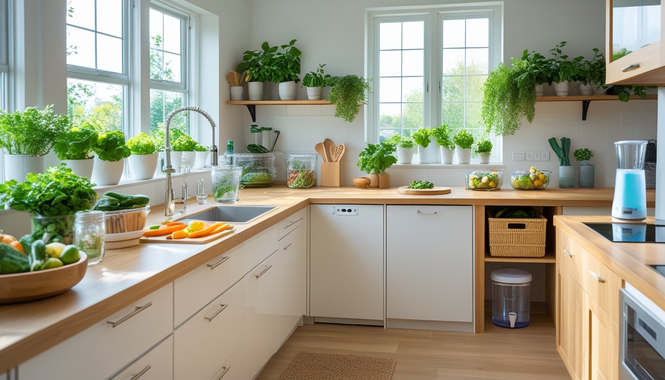 A modern kitchen with energy-efficient appliances, glass containers of vegetables, potted herbs, and a compost bin, all arranged to show sustainable living.