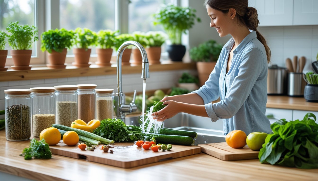 A modern kitchen with reusable containers, fresh vegetables, potted herbs, and a compost bin near the sink.