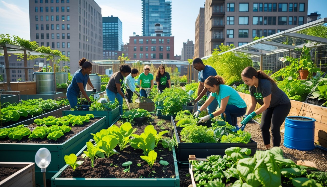 People gardening on a rooftop with raised beds, compost bins, and rainwater barrels in a city surrounded by tall buildings.