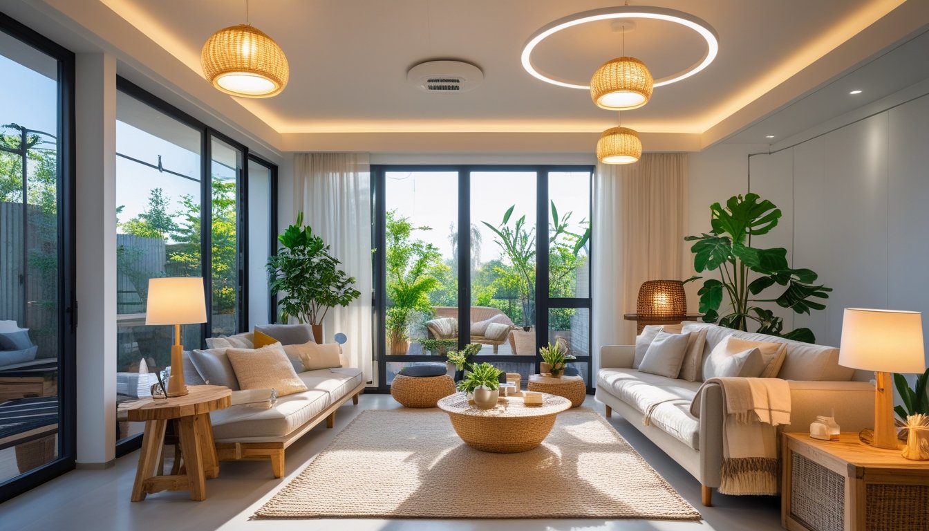 A bright living room with natural light, energy-efficient LED pendant lights, solar-powered lamps, indoor plants, and wooden furniture.