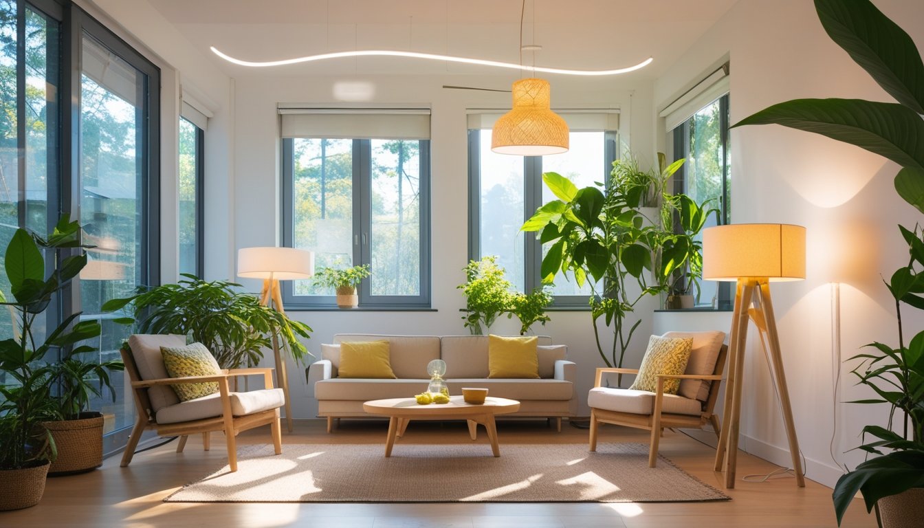 A modern living room with eco-friendly lighting, including LED lamps and natural sunlight, surrounded by indoor plants and minimalist furniture.