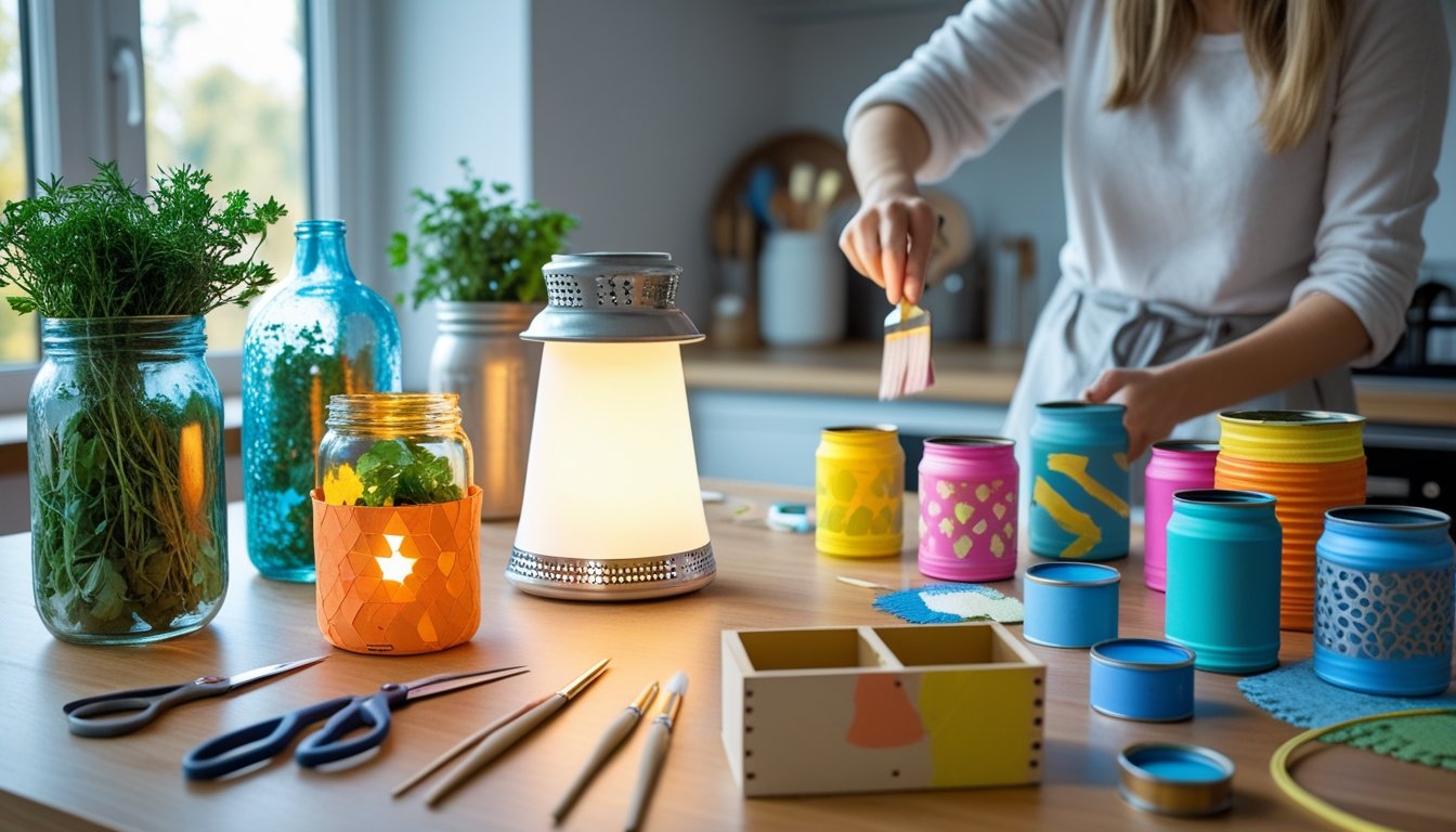 A kitchen table displaying various upcycled household items including painted jars, a lamp made from a colander, and decorated tin cans, with hands painting a wooden box in the background.