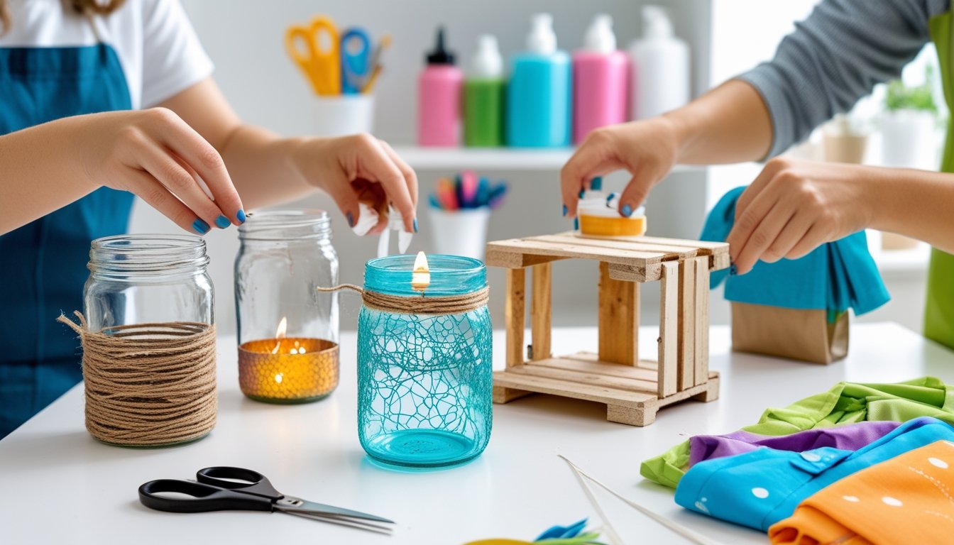 A person’s hands upcycling everyday items like jars, wooden pallets, and clothes into new useful objects on a tidy workspace.