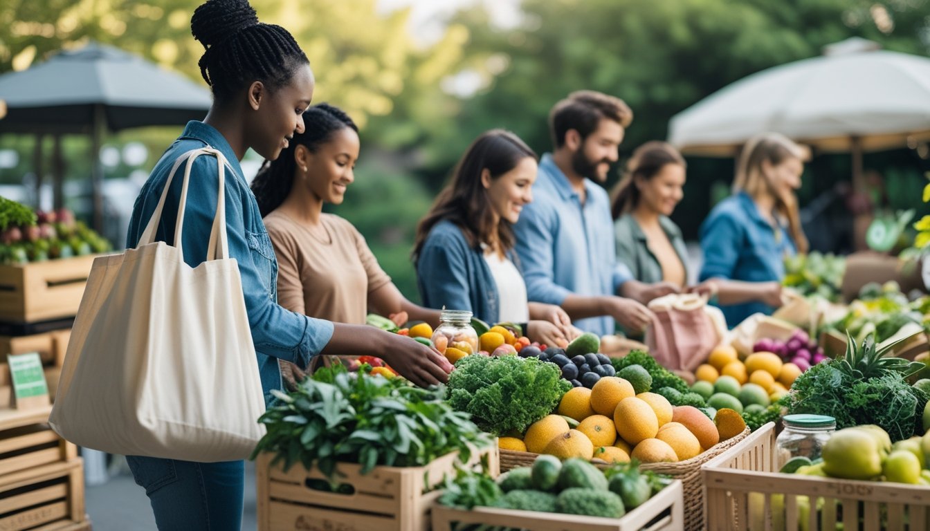 People shopping for fresh fruits and vegetables using reusable bags at an outdoor market surrounded by greenery.