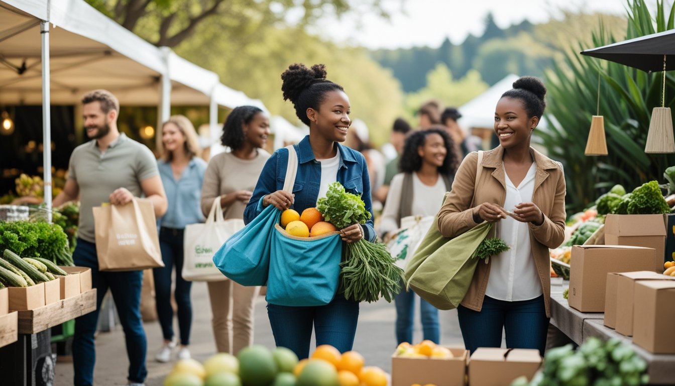People shopping with reusable bags at an outdoor market with fresh fruits and vegetables and eco-friendly products.