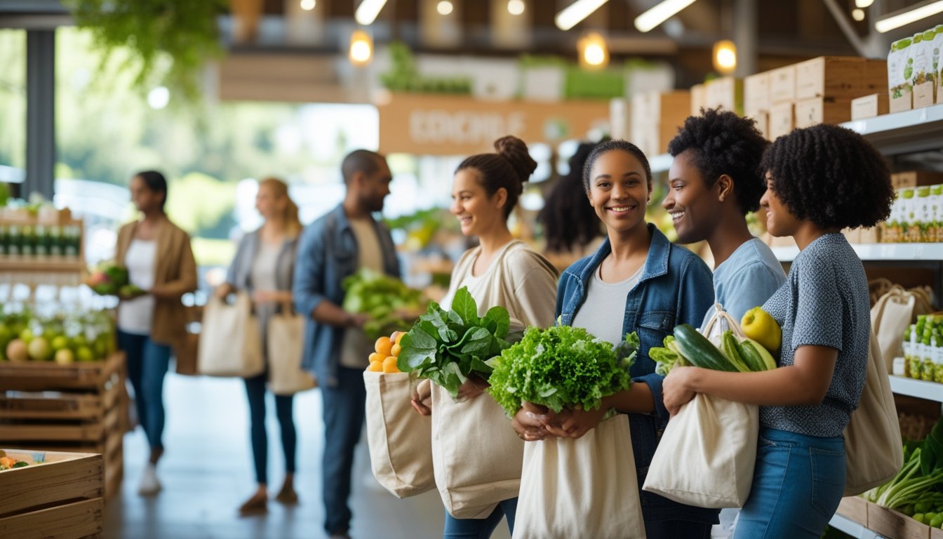 People shopping with reusable bags in a market filled with fresh produce and eco-friendly products.