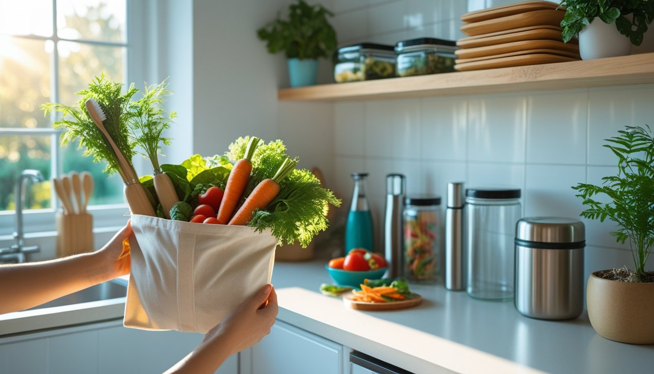 Hands holding a reusable cloth bag filled with fresh vegetables in a bright kitchen with eco-friendly items like bamboo toothbrushes, reusable containers, and a compost bin on the counter.