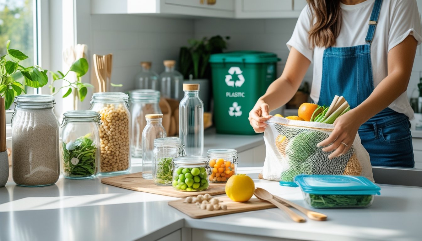 Hands placing fresh produce into a reusable mesh bag on a kitchen countertop with reusable containers and a recycling bin in the background.