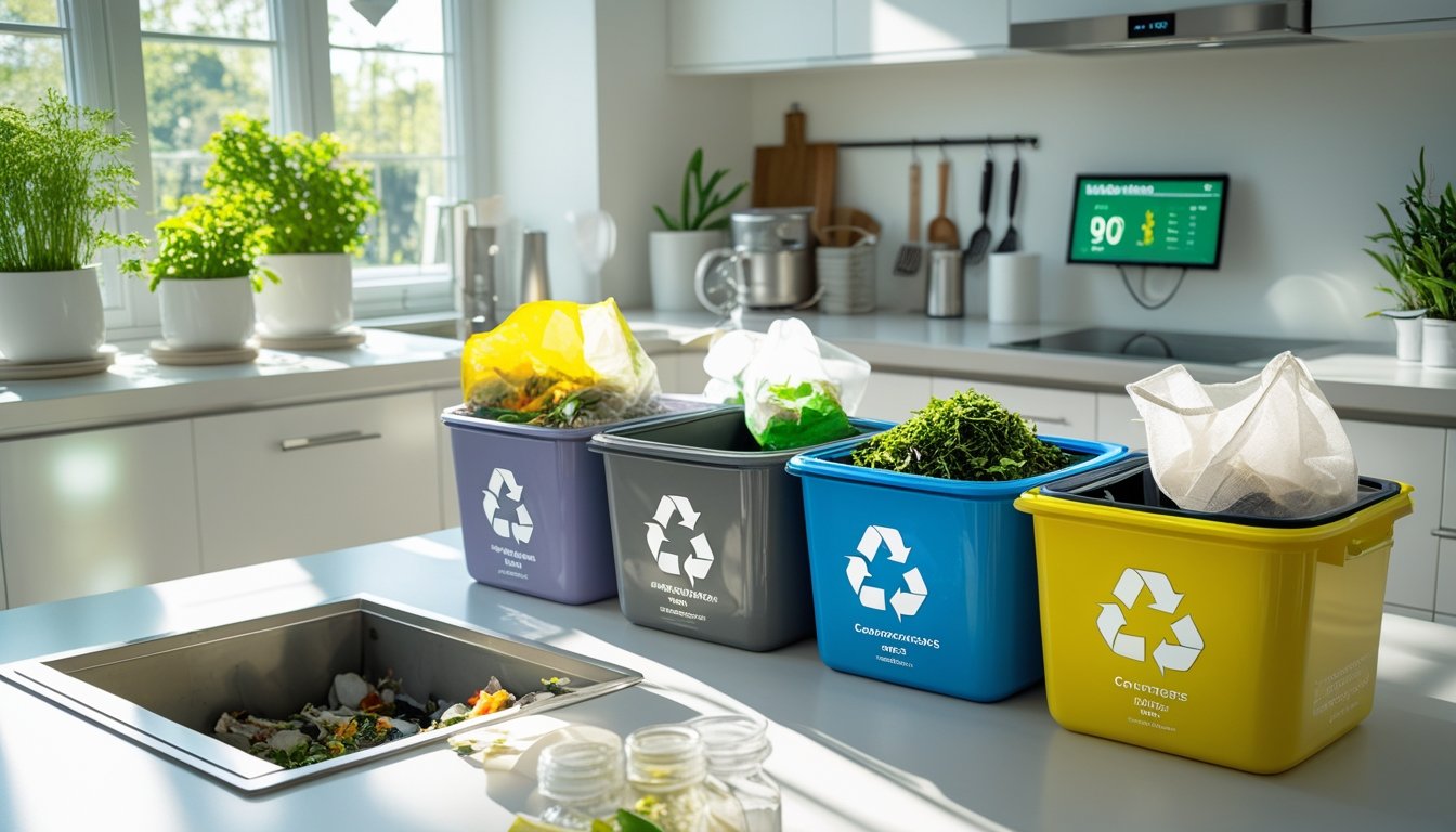 A family sorting household waste into recycling bins in a bright kitchen with plants and eco-friendly items visible.