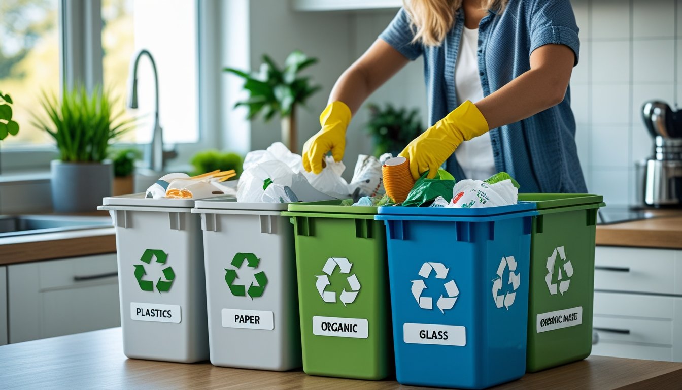 Person sorting household waste into labelled recycling bins in a modern kitchen.