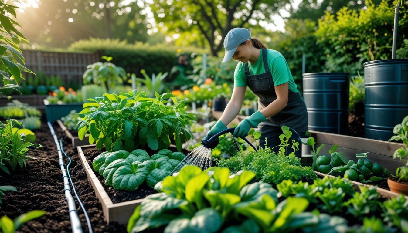 A gardener watering healthy plants in a lush garden with rich soil, rainwater barrels, and compost bins visible nearby.