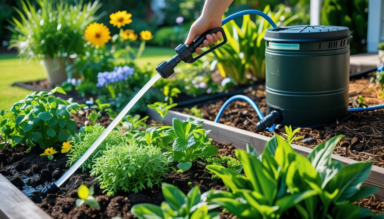 A garden with green plants being watered using a drip irrigation hose next to a rainwater collection barrel.