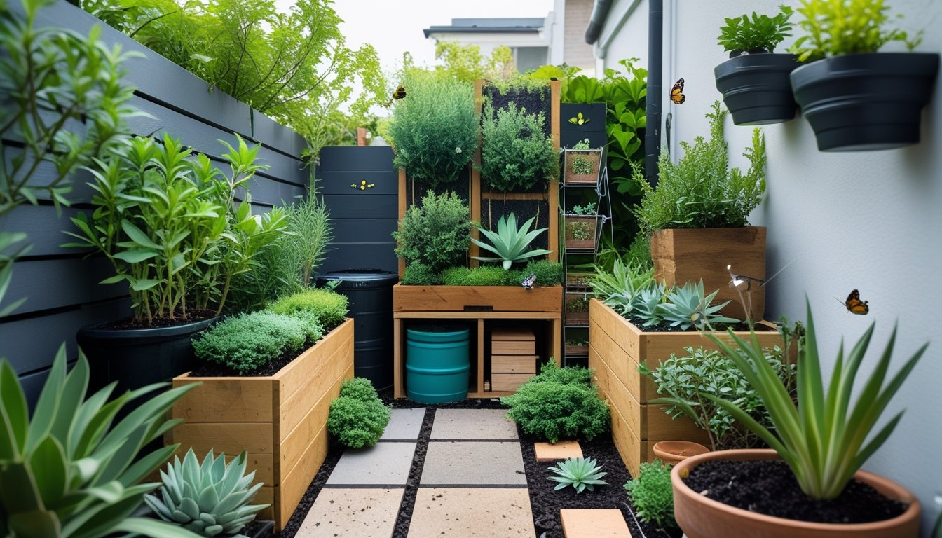 A small garden space with green plants in wooden and terracotta pots, a rainwater barrel, compost bin, and solar lights, showing an eco-friendly garden setup.