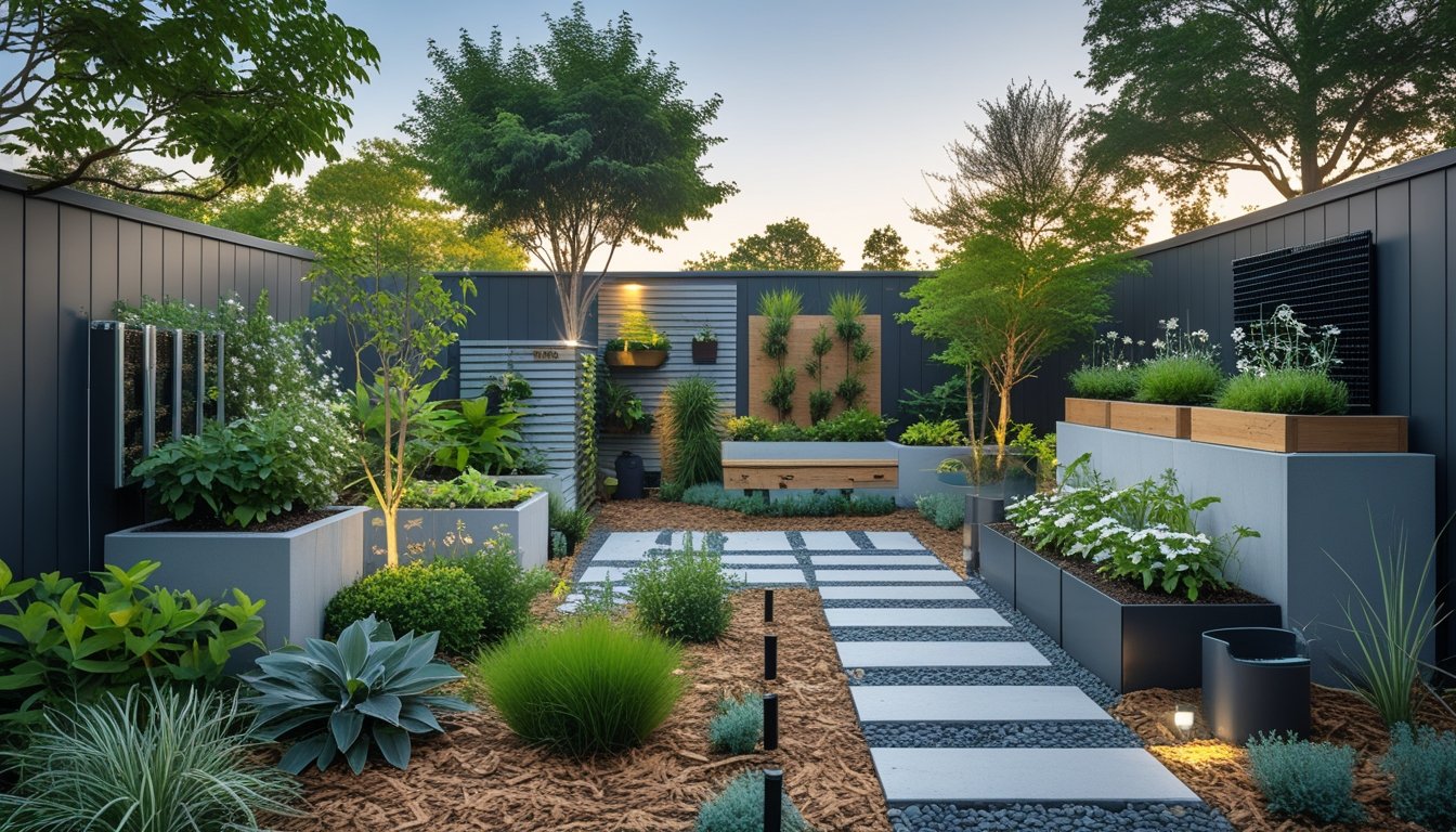 A small outdoor garden with green plants, flowers, a vertical garden wall, raised planters, stone pathways, and a small seating area under natural daylight.