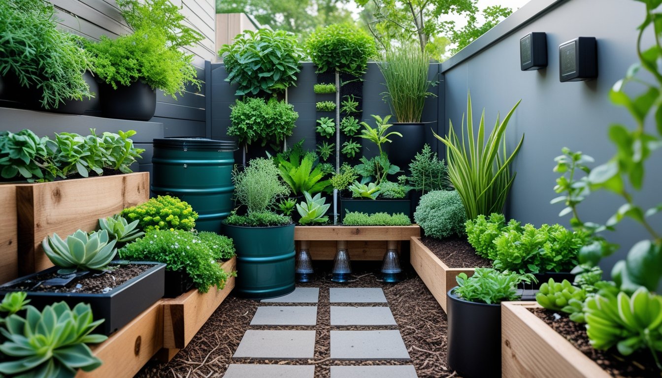 Small urban garden with potted plants, vertical planters, recycled wooden containers, and natural stone pathways in a compact outdoor space.