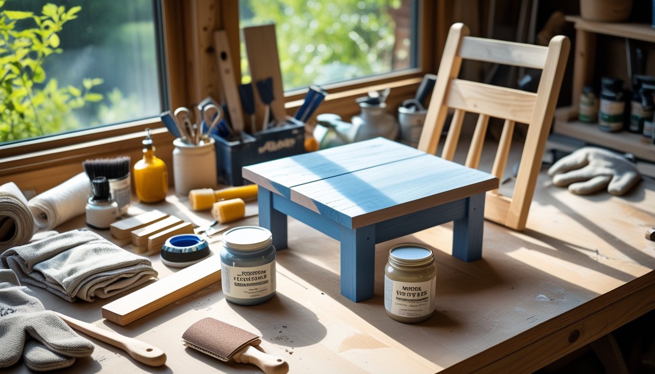 A woodworking workspace with tools and a partially restored wooden chair, lit by natural light with plants visible outside.
