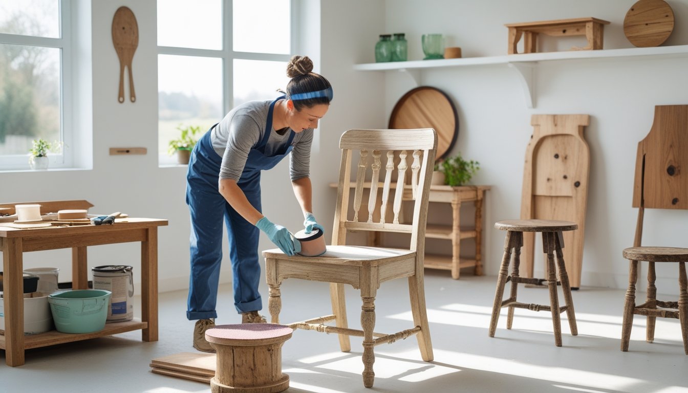 An artisan sanding a reclaimed wooden chair in a bright workshop surrounded by tools and upcycled furniture pieces.