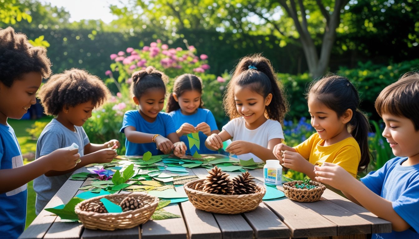 Children making crafts outdoors using natural and recycled materials at a wooden table surrounded by greenery.