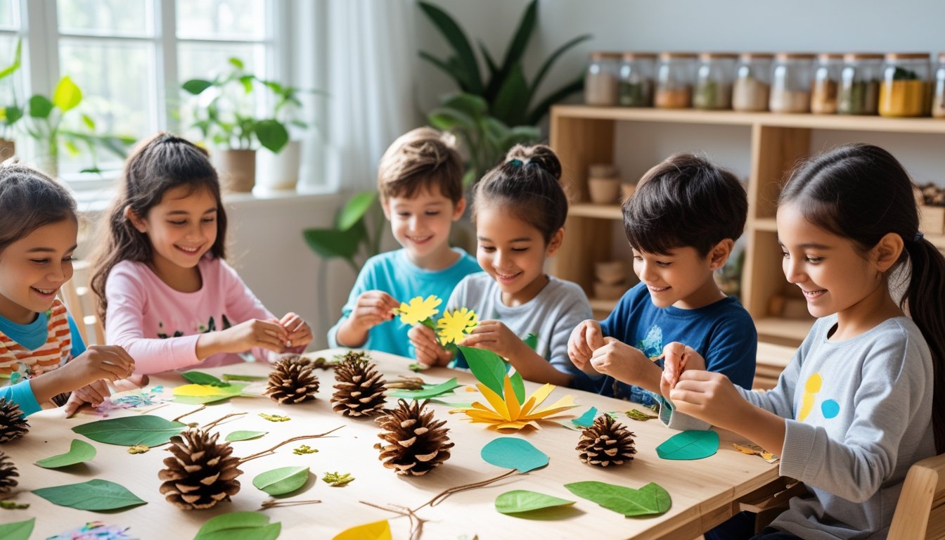 Children sitting around a table making crafts with natural materials like leaves, pinecones, and recycled paper in a bright room with plants.