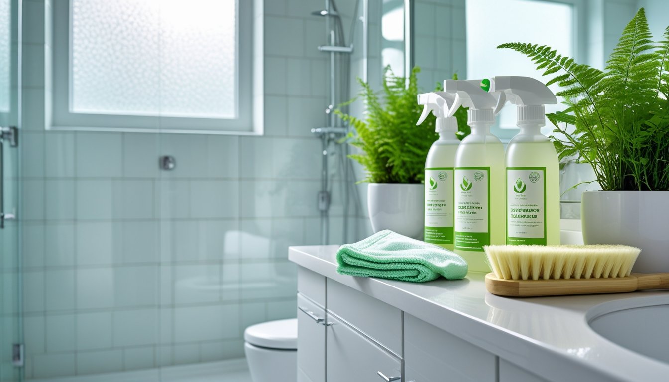 A bright bathroom with white tiles, natural cleaning products, green plants, and cleaning tools arranged neatly on the countertop.
