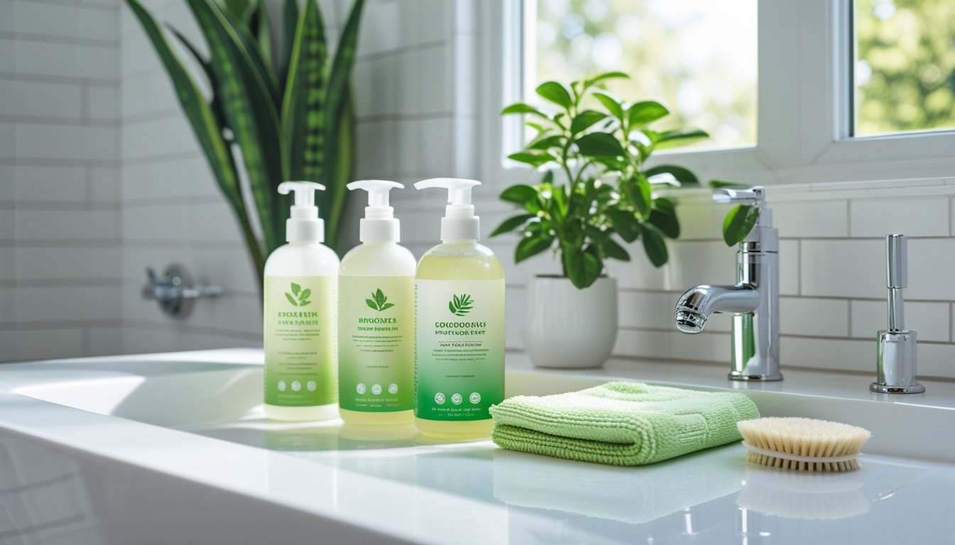 A clean bathroom sink area with eco-friendly cleaning products, a plant, and natural light coming through a window.