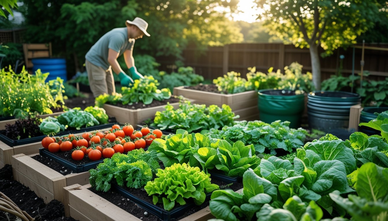 A person tending to a vegetable garden with raised beds, compost bins, and rainwater barrels in a backyard.