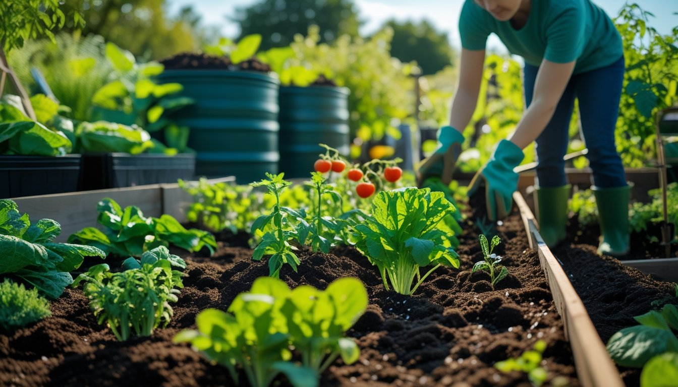 A person planting vegetable seedlings in a garden with healthy plants, soil, and eco-friendly gardening tools.