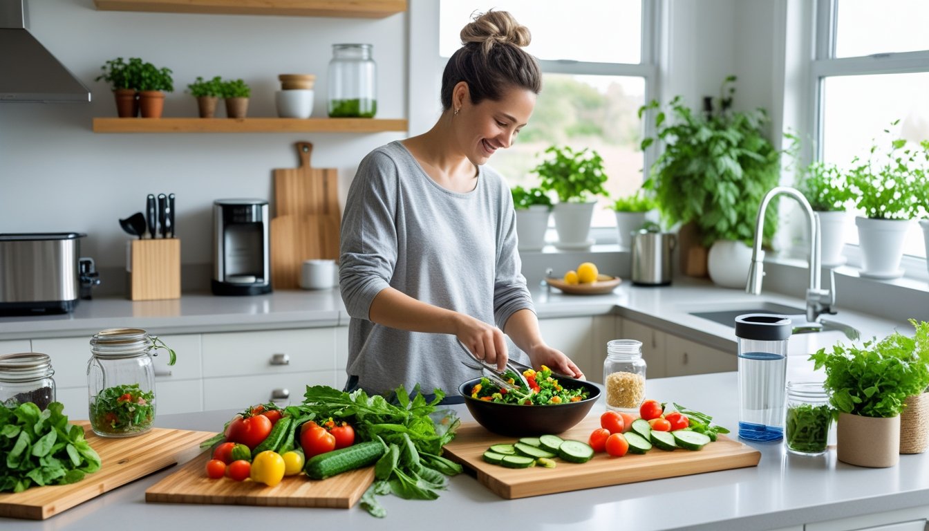 A person preparing a fresh vegetable salad in a bright kitchen with sustainable kitchen tools and potted herbs on the windowsill.