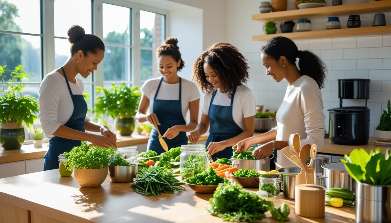 People cooking fresh vegetables in a bright kitchen with plants and eco-friendly utensils.